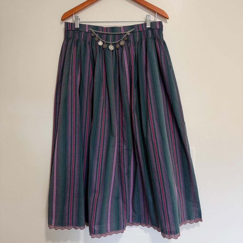 Alpen Trachten Striped Coin Chain Dirndl Skirt Womens 44 Teal Purple Folk Style